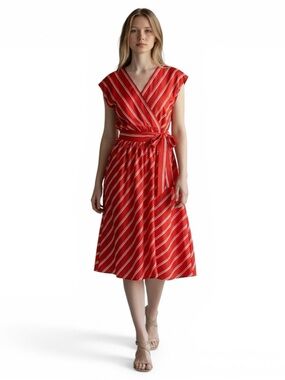 Vintage Lanz Originals Red Stripe Wrap Dress Tie Waist Pockets Deadstock Unworn